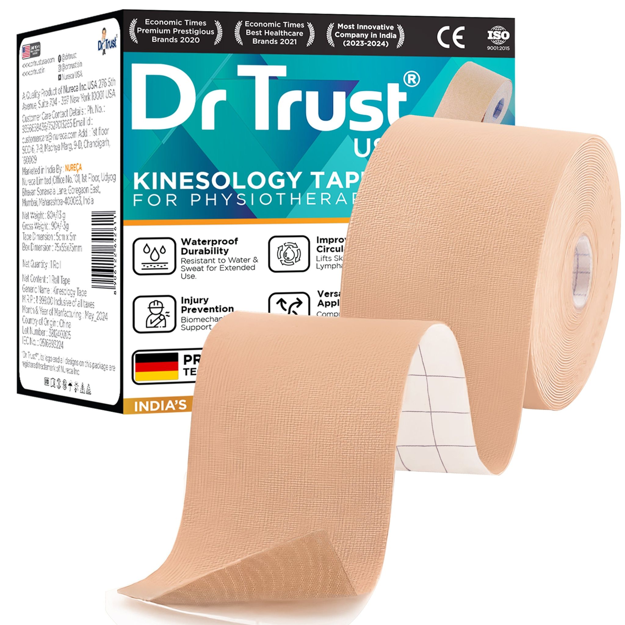 Dr Trust USA Kinesiology Tape 381 Athletic Sports Injury Pain Relief, Waterproof Muscles Support Compression Bandage for Athletes, Knee, Ankle, Shoulder and Legs Therapeutic Relief, Sizes- 5 m X 