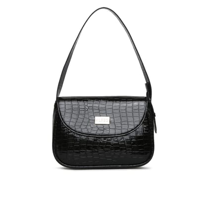 Croco Pattern Vegan Shoulder Bag (M)-Black