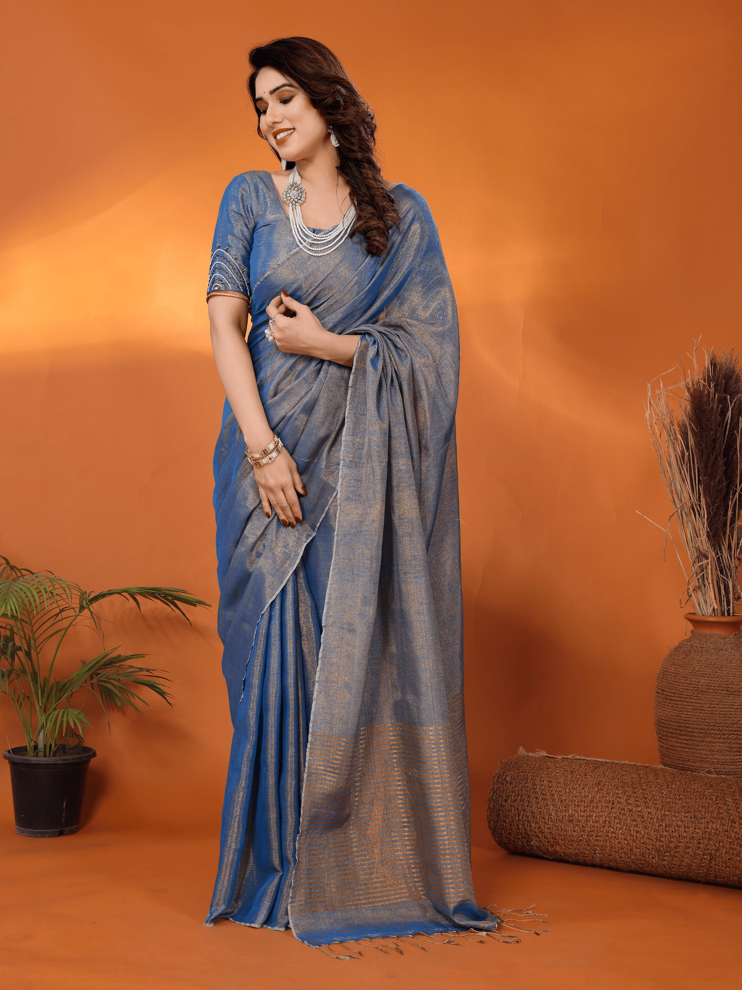Chandrika tissue saree with embroidered blouse-Unstitched
