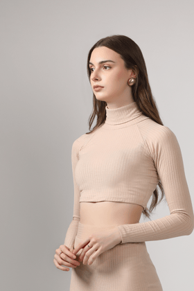 Beige Turtle Neck Crop Top-XS