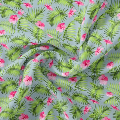 Tropical Leaves Pink Hibiscus Flower Digital Printed Fabric - Weightless-Polyester / Weightless / 110 CM | 43 Inch