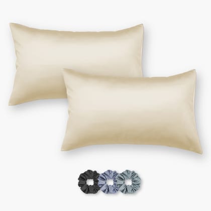 Cream Satin Pillowcases - Set of 2 (With 3 free scrunchies)-16 X 24 inch - Small