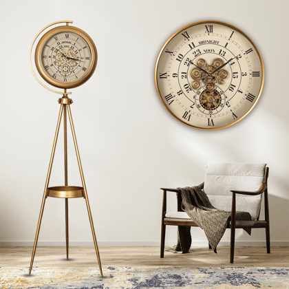 Mystic Motion Tripod Base Luxury Designer Floor Clock & Wall Clock With Moving Gear Mechanism (Steel Body) - White (Combo)-Floor Clock : Diameter - 18 Inches & Height - 63 Inches & Wall Clock : -