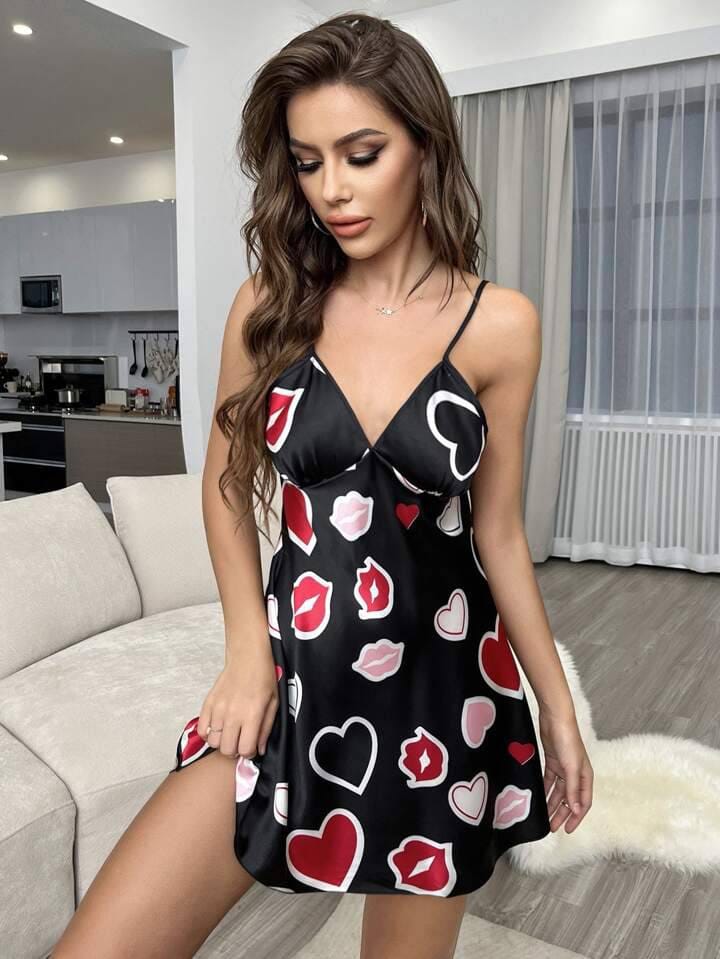 Black Heart Printed Contrast Binding Cami Night Dress-S