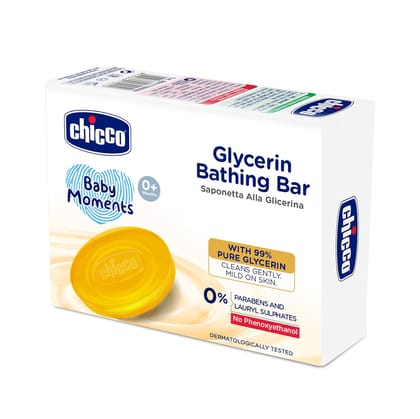 Chicco Baby Moments Glycerin Bathing Bar With 99% Pure Glycerin,75G|Mild Formula For Gentle Cleansing|No Added Colours|Parabens & Phenoxyethanol Free|Dermatologically Tested|Pure Soap Babies Kids