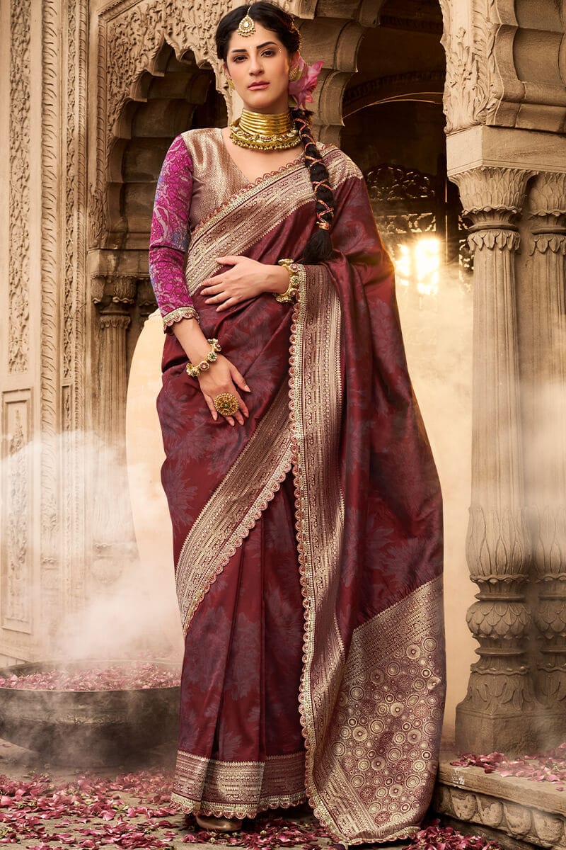 Deep Maroon Banarasi Fancy Silk Saree with Lace Border