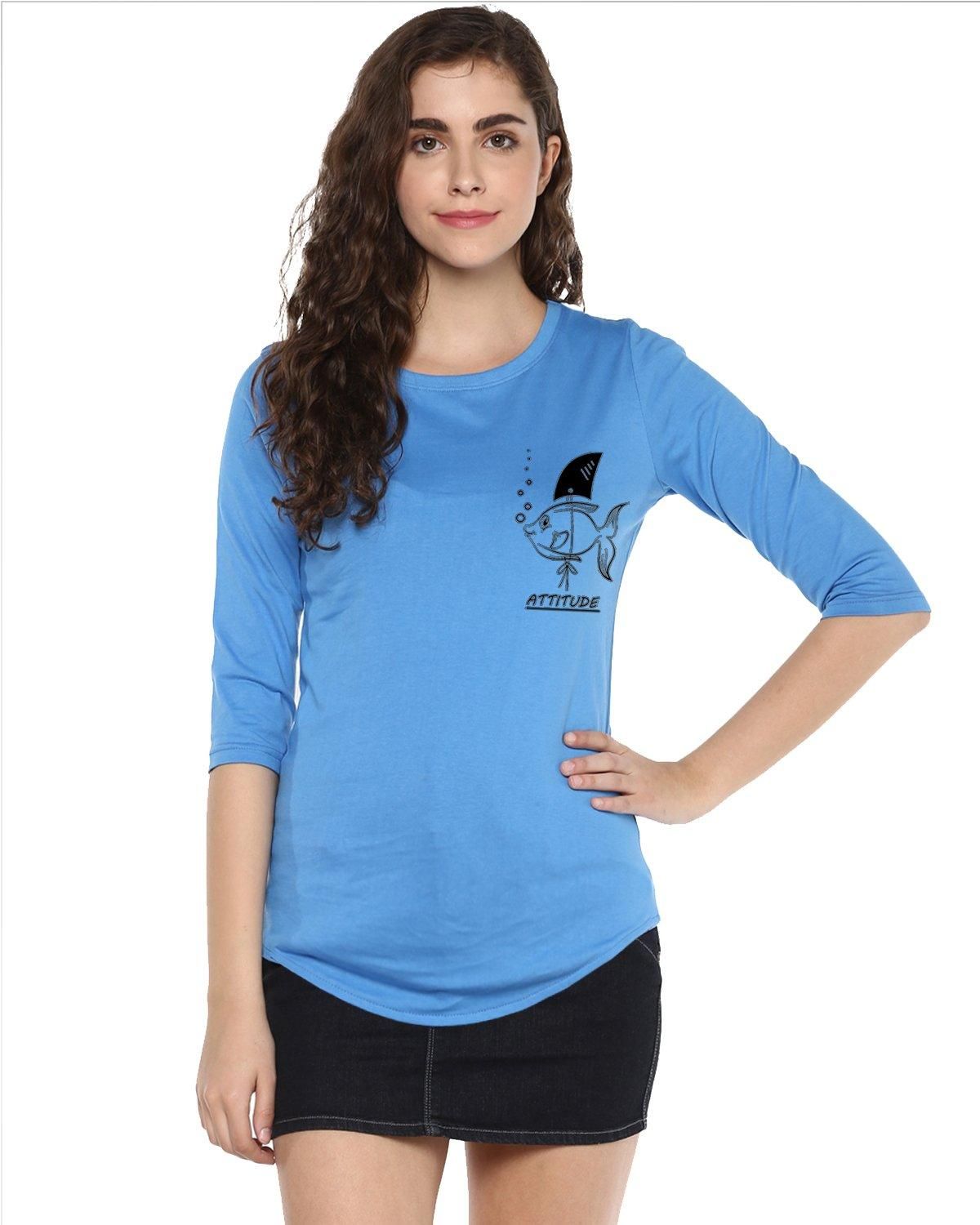 Womens 34U Fish Printed Blue Color Tshirts-Blue / Small / 100% Bio Wash Cotton