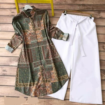 Chic and Multicolor Designer Printed Kurti With Palazzo in Green Color by Glamastitch-M