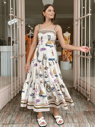 Beach Print Cutout Sundress Maxi Dress-S / OFF WHITE