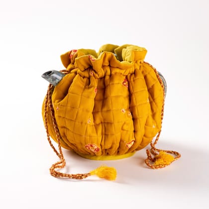 Handmade Cotton Tie & Dye Drawstring Tea Cozy - Mustard-Mustard / 9 Inches x 12 Inches / 100% Cotton