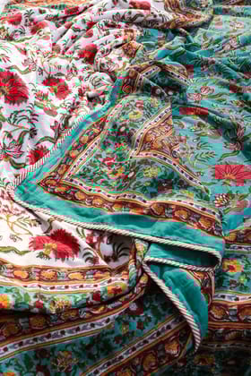 Sunderban Red Poppies Cotton Flannel Dohar D2-Single - 60 x 90 in / Turquoise / Turquoise