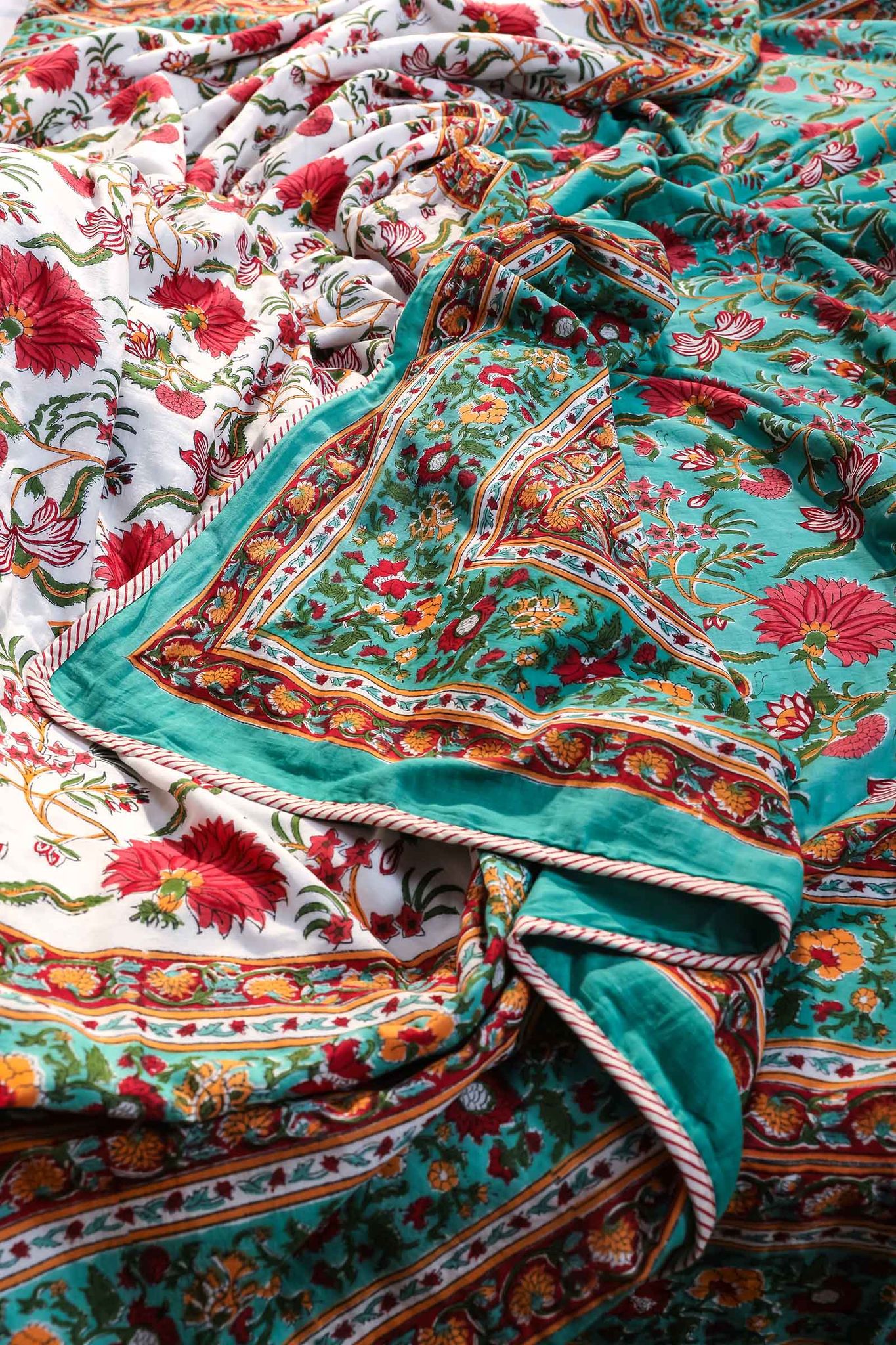 Sunderban Red Poppies Cotton Flannel Dohar D2-Single - 60 x 90 in / Turquoise / Turquoise