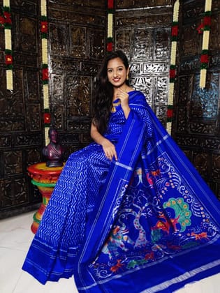 Pure Pochampally Ikkat Silk Blue Sari Online