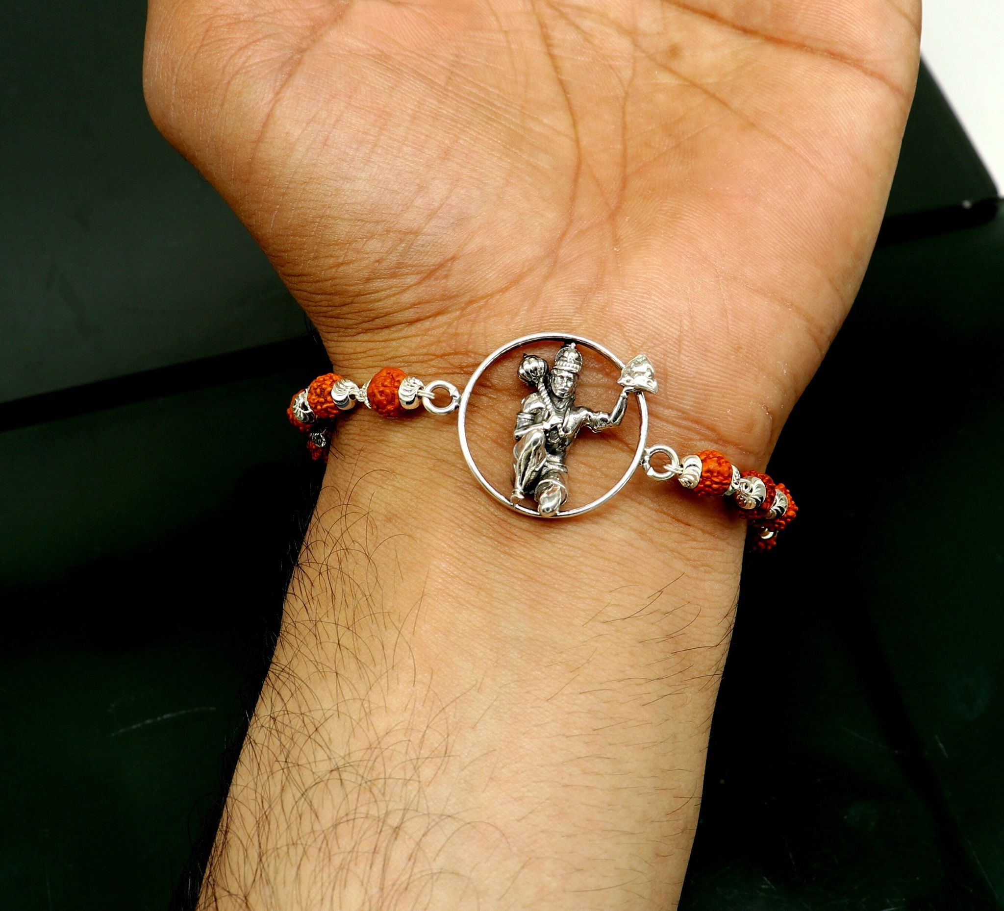 925 Sterling silver customized rudraksha beaded Lord Hanuman Rakhi bracelet. best gift for your brother's of special Rakshabandhan rk006-7