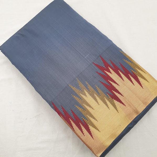 Kanchipuram Pure Silk Saree Gray With Zari Woven Buttas And Long Zari Woven Kanchi Border
