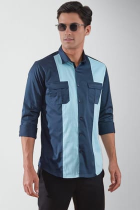 Colourblocked Smart Casual Navy Shirt-NAVY / S