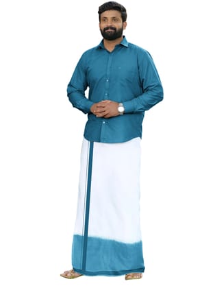 Peacock Green Two Tone Double Dhothie + Shirt Set Full Sleeve-38