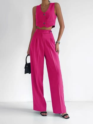 Linen Waist Coat Vest & High Waist Pants Coord Set-S / PINK