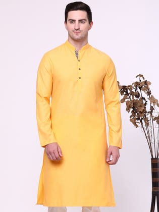 Spirited Dark Yellow Solid Kurta For Men-38 / Cotton Blend / Yellow