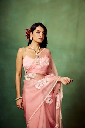 Blush Pink Pure Organza Saree with Hand-Painted White Floral Motifs & Sequin Accents | Satin Blouse-Regular