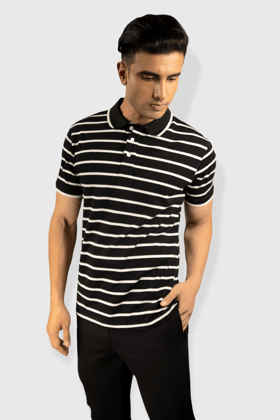 Albatross men’s Black stripe cotton Matty collar tshirt-M / Black &amp; White