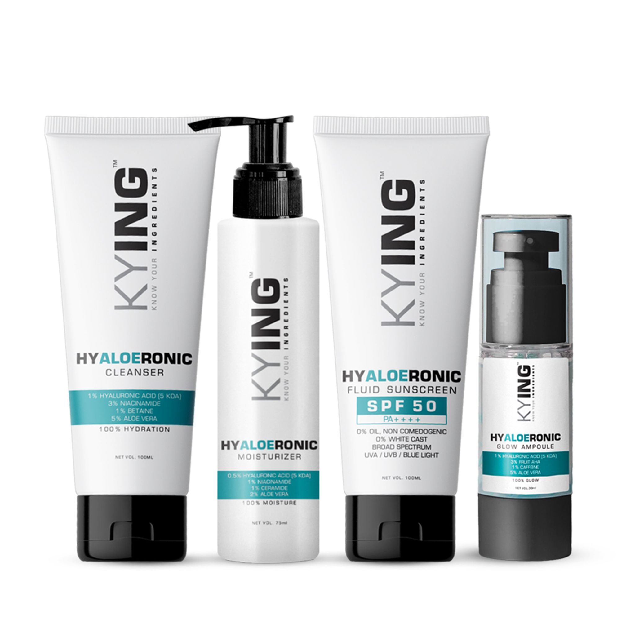KYING Hyaloeronic Acid Regimen : Face Cleanser 100ml, Moisturizer 75ml, Face Serum 30ml, Fluid Sunscreen SPF50 100ml