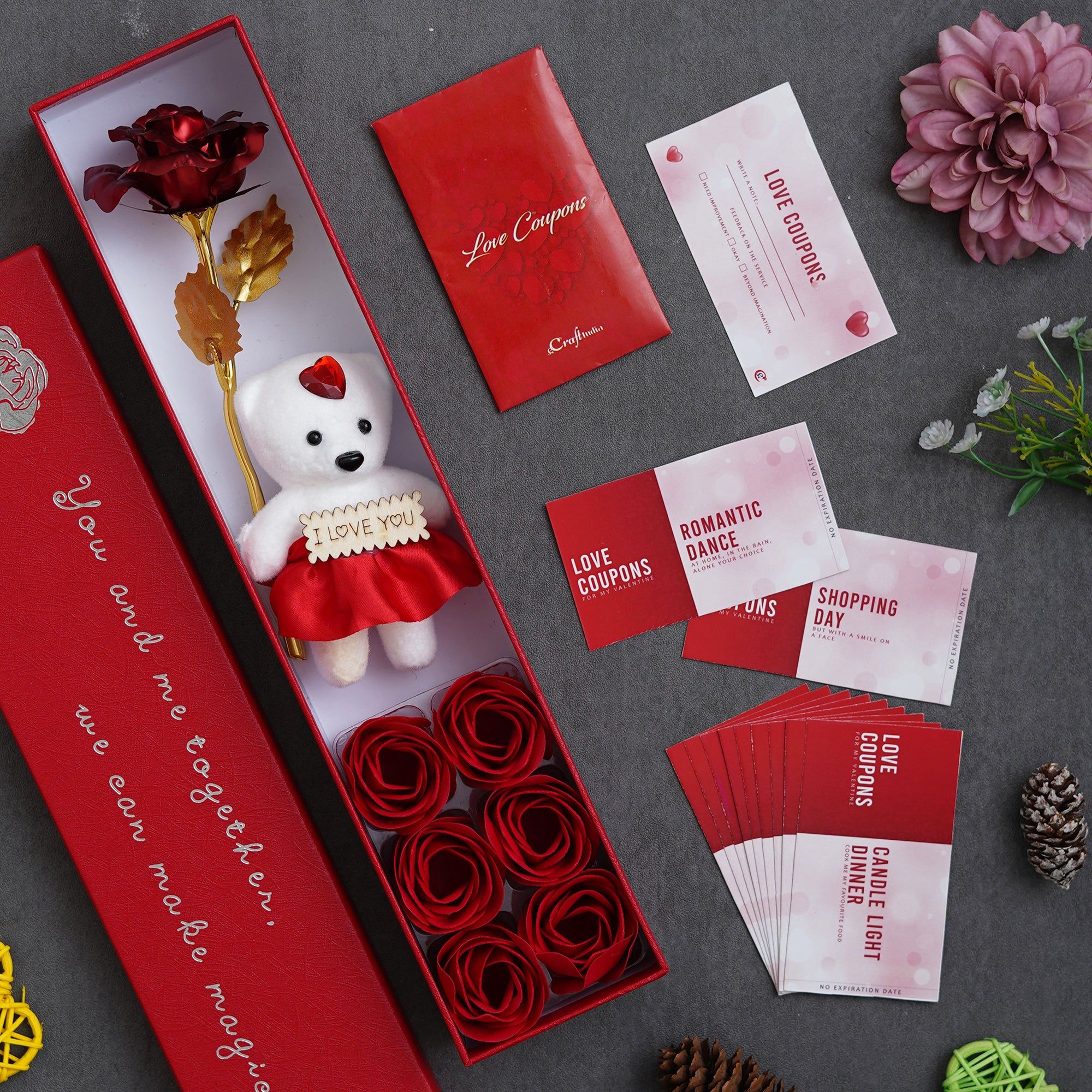 Valentine Combo of Pack of 12 Love Coupons Gift Cards Set, Red Gift Box with Teddy & Roses
