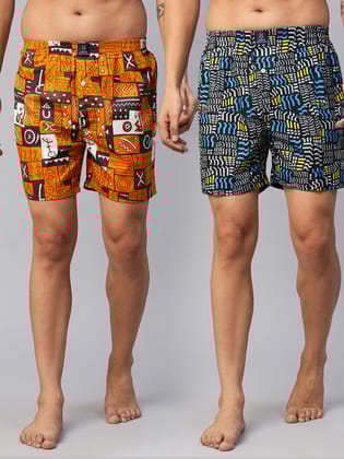 Men's Multicolor, 100% Cotton, Printed, Regular Fit, Inner Elastic, Mid-Rise, Boxers- Pack of 2-Multicolor / S