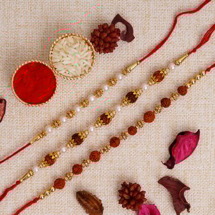 Pack of 3 Pearl & Rudraksh Designer Rakhis and Roli Chawal Pack