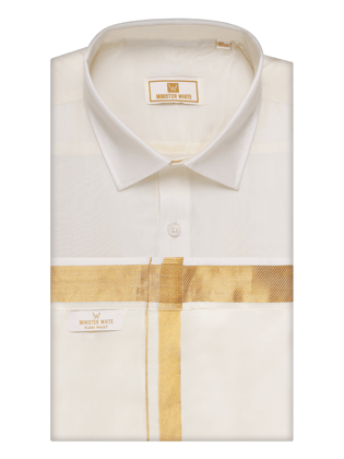 Mens Art Silk Cream Full Sleeves Shirt with 70k Gold Jari Border Flexi Dhoti Combo Finesse-36 / F/S / Cream