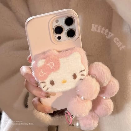 3D Hello Kitty Cartoon Pink Plush Fabric iPhone Case With Fur Pearl Lanyard-iPhone 13 / iPhone 14