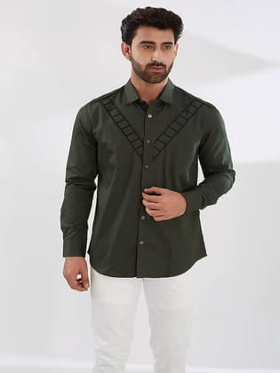 Green Geometric Embroidered Casual Shirt-OLIVE / S