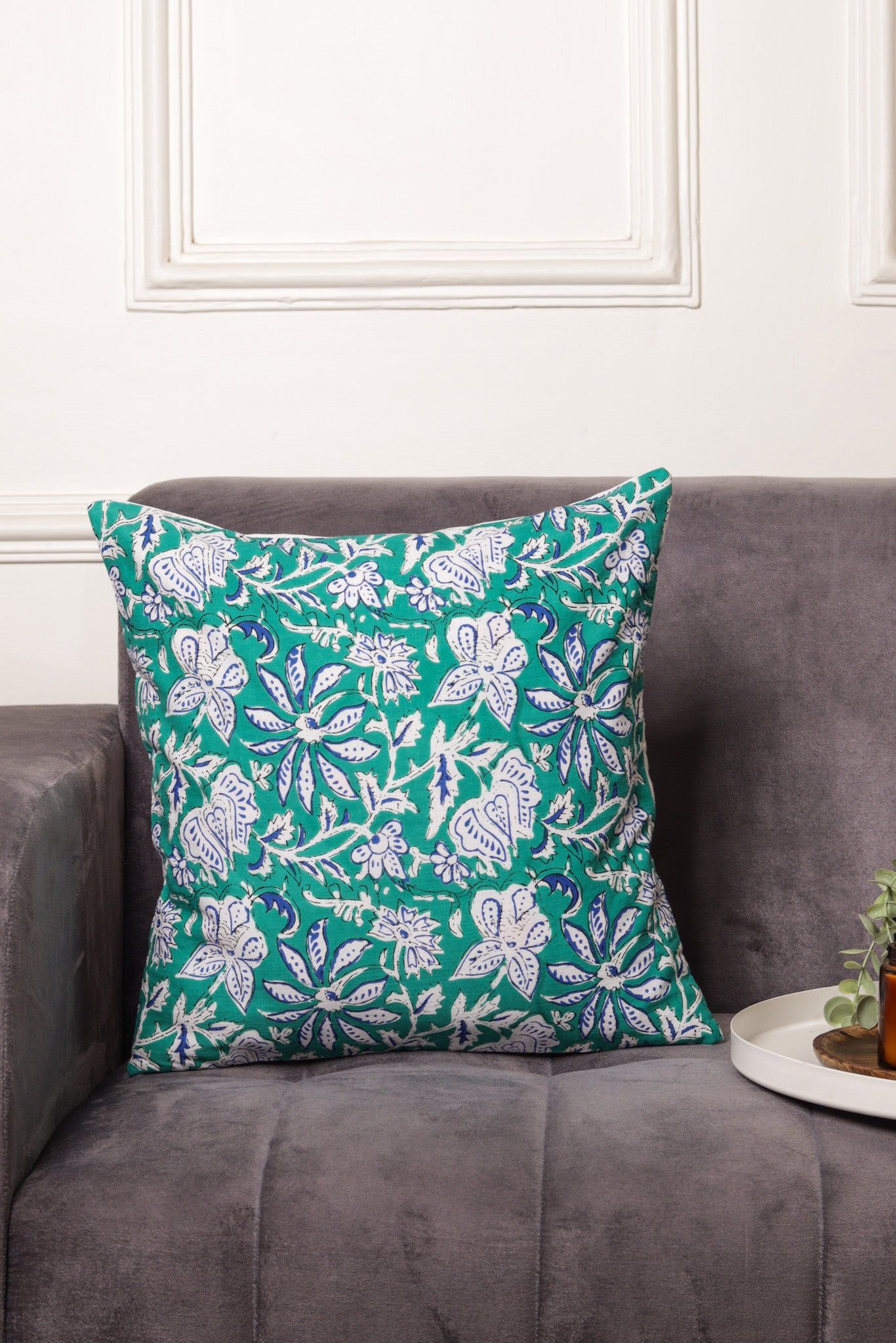 Sea Green Cushion Cover - Block Printed-Set of 3 / 40 x 40