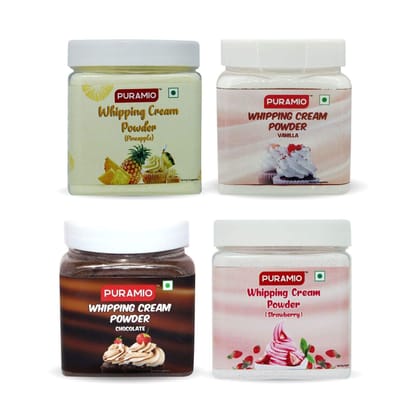 Puramio Whipping Cream Powder Combo Pack of- Vanilla, Chocolate, Pineapple and Strawberry, 250 gm Each - Pack of 4