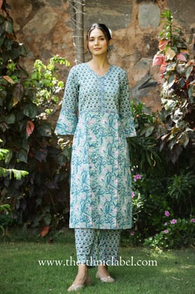 "Sakhi" Sea Green Hand Block Printed Cotton Kurta Pant Set(2 pc)-XS