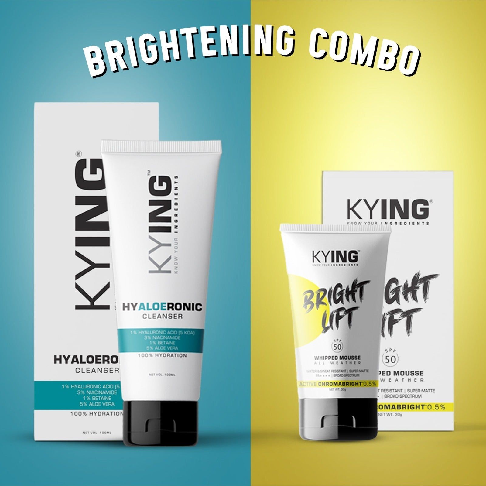 KYING Brightening Combo : Hyaloeronic Face Cleanser 100ml, Bright Lift Whipped Mousse, 30g