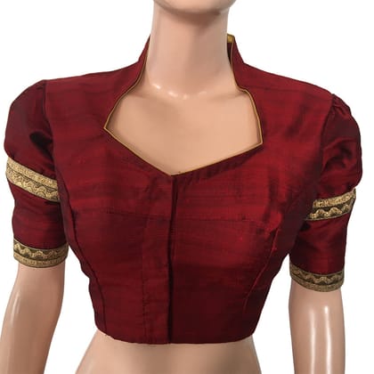 Pure Raw Silk  Highneck Blouse  with Puff Sleeves, Zari Lace  & Metail Details,  Maroon,  BS1139-S