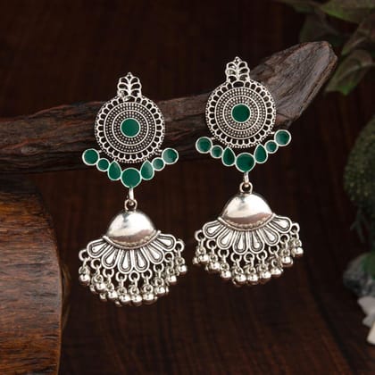 Oxidised Silver Plated Geometric Shaped Enamel Artwork With Hanging Beads Fashion Antique Earring- AER 2203