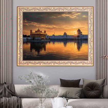 Golden Sunrise at Amritsar Golden Temple Painting For Home-Width - 35.5 Inches & Height - 27.5 Inches / EMBOSSED PAINTING WITH ALUMINIUM FRAME / Available