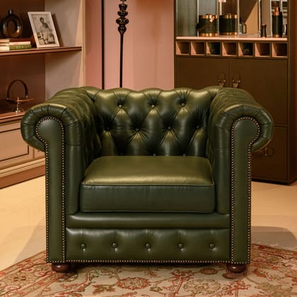 Chesterfield Leather Single Seater Sofa Green-Green