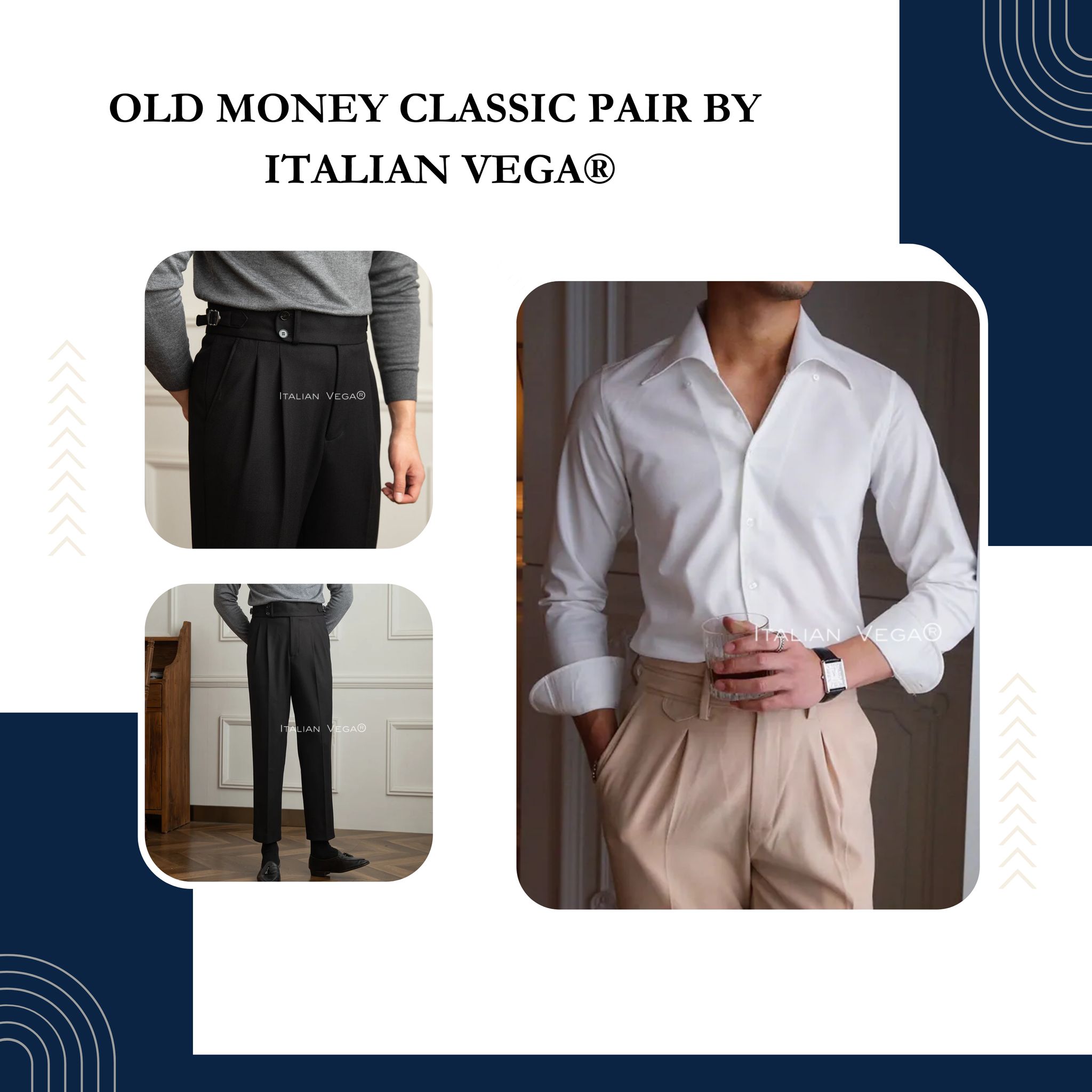 Old Money White Shirt with Black Herringbone Signature Buttoned Gurkha Pant by ITALIAN VEGA®-M / 28