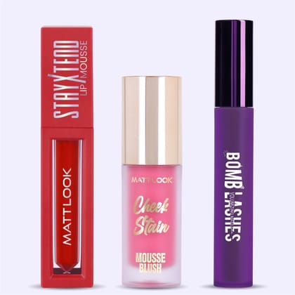 Mattlook Stay Xtend Lip COlor, Bomb Lashes Volumizing Mascara and Cheek Stain Mousse Blush Pack of 3.-Iconic Red 01 / Dream Boat