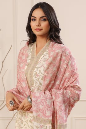 Nazakat Naaz Habutai Silk Stright Kurta-L / Offwhite / Pink / Offwhite