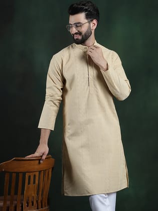 Men's Cotton Thread embroidered Beige Long Kurta-36