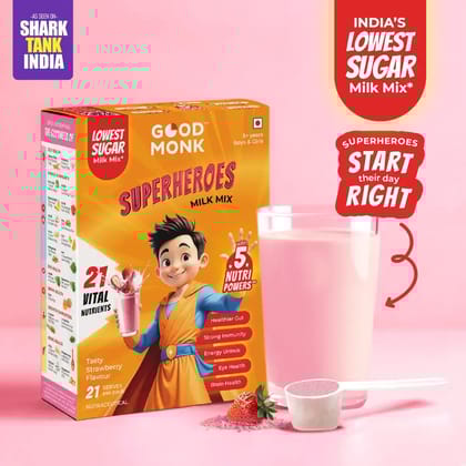 Good Monk Superheroes Milk Mix (Strawberry): Improves Energy, Immunity, Brain, Eye & Gut Health-21 Serves