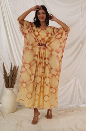 Beige Maroon Clamp Tie Dye Kaftan Dress-XL