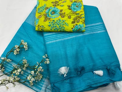 Casual cotton linen saree with printed cotton blouse