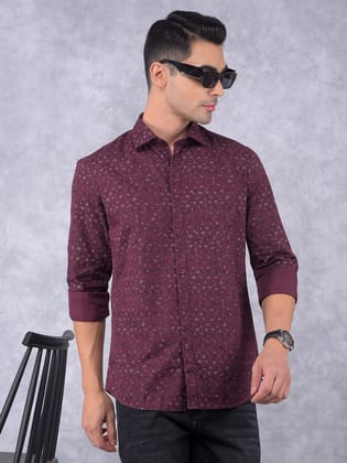 Wine Printed 100% Cotton Shirt-M / Wine