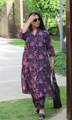Cotton Black & Purple Handblock Kalamkari Front Buttoned Kurta & Pathani Pants-XXS