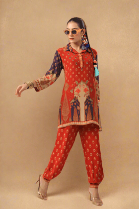 Scarlet Majesty Printed Co-ord Set - Set of Two-XL / Red / Red